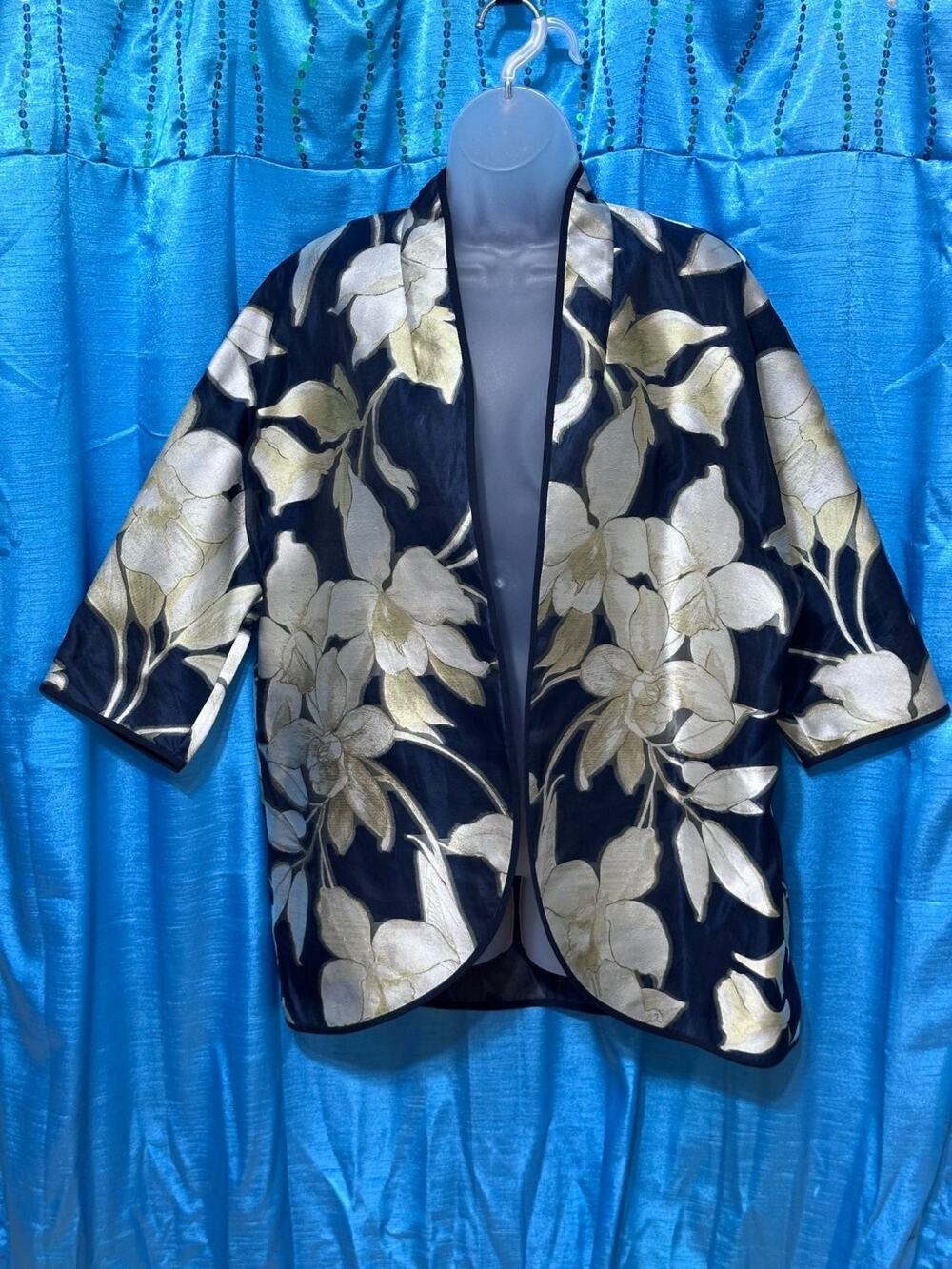 Lafayette 148 New York Jacket Womens Blue Floral 3/4 Sleeve Collared Oversized M